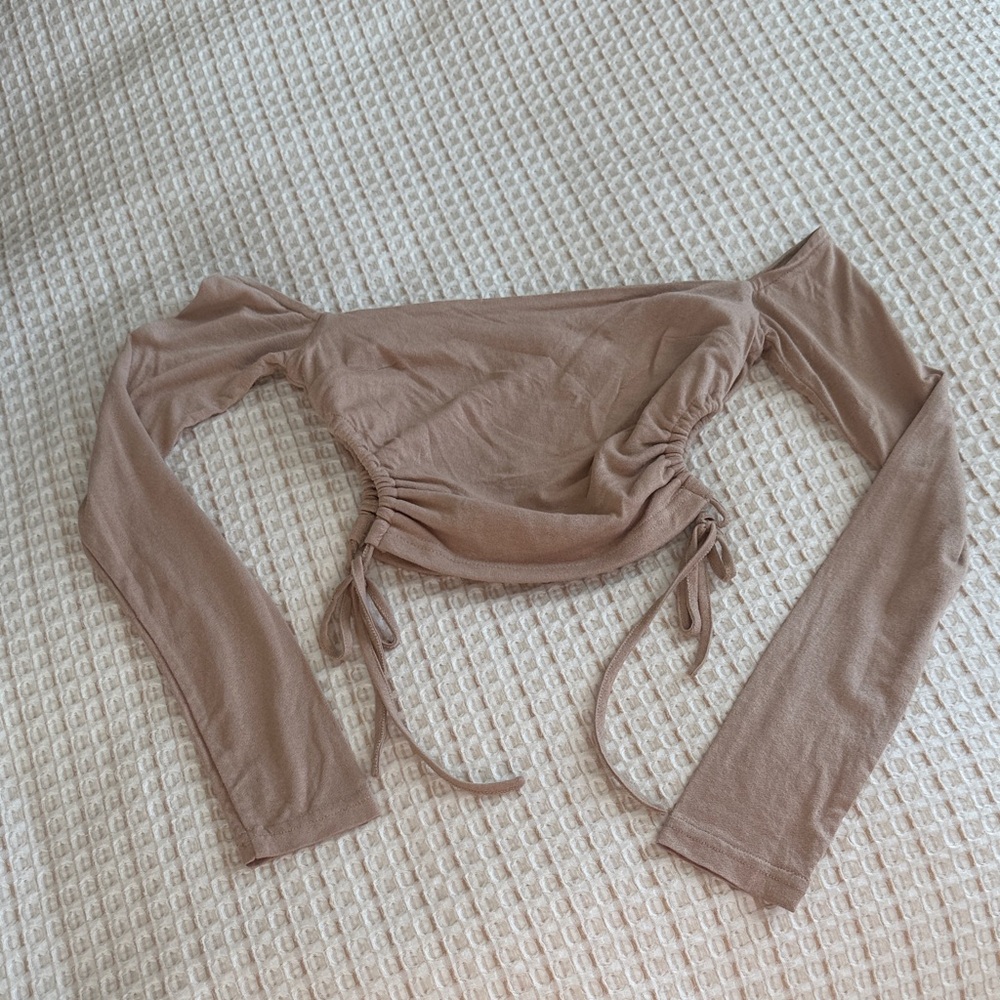 Tan Off-Shoulder Long Sleeve Top Small